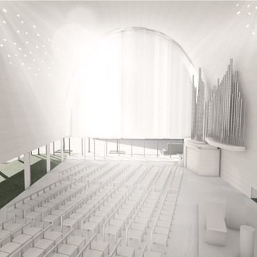 聖壇の中央配置　木レンガと光に包まれた礼拝空間